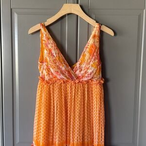 Naeem Khan Timeless Bohemian Floral Silk V-Neck Tiered Maxi Dress,Orange Pink, 2